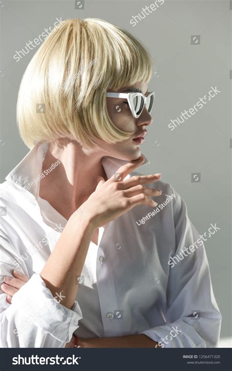 Side View Attractive Blonde Woman Sunglasses Stock Photo 1256471320