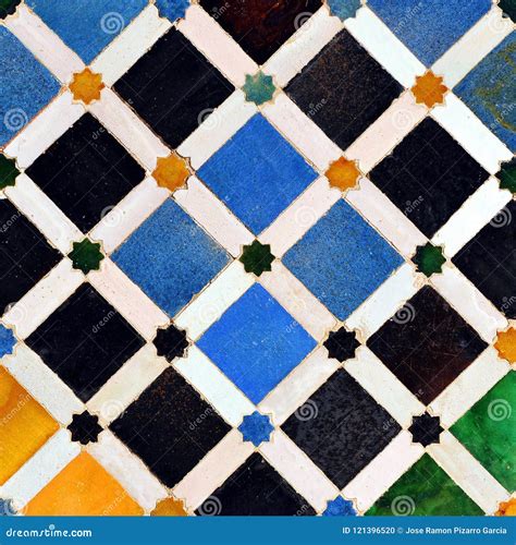 Mosaic Of Tiles And Column Alhambra Palace In Granada Spain Stock