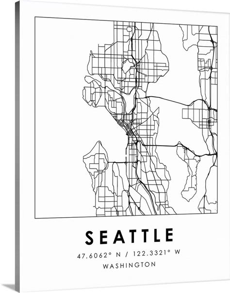 Black And White Minimal City Map Of Seattle Wall Art Canvas Prints
