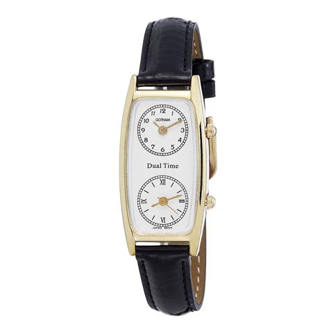 Womens Gold Tone Dual Time Zone Leather Strap Quartz Watch