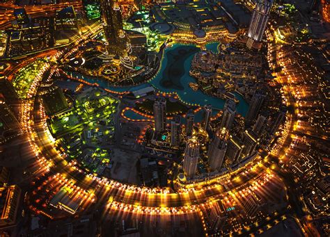 Round Black And Brown Wooden Table Cityscape Dubai Aerial View City