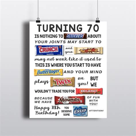 70th Birthday Printable Candy Poster Birthday Candy Sign Etsy