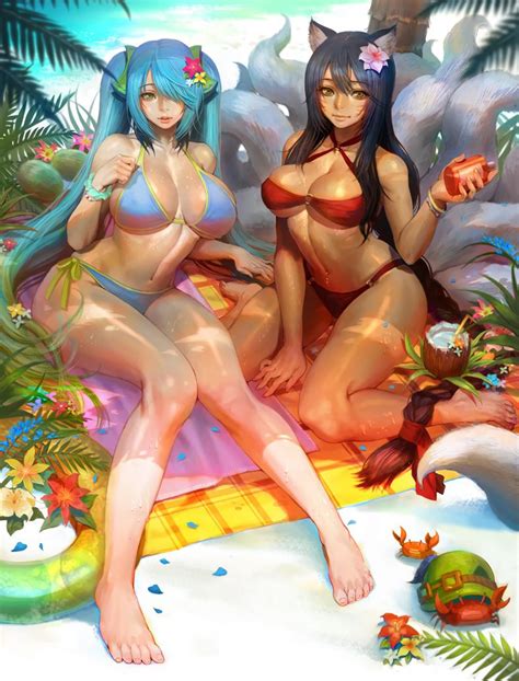 Rule 34 2girls Ahri Beach Beach Towel Bikini Blue Hair Curvy Duo Female Female Only League Of