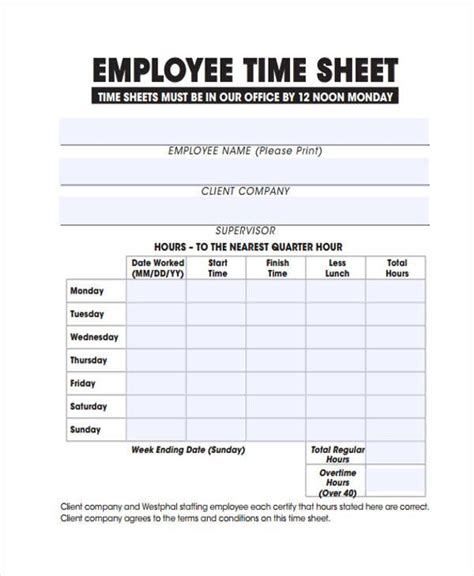 Employee Time Sheet Printable Form Timesheet Working Hours Etsy In