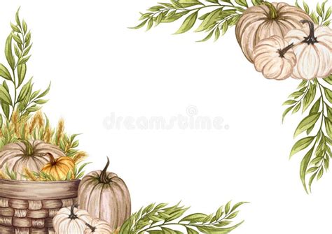 Watercolor Frame With Autumn Pumpkins Floral Arrangement With Color