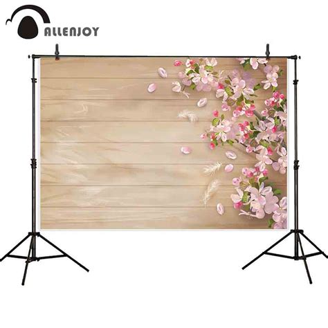 Allenjoy Photography Backdrop Spring Pink Cherry Blossom Flowers Wooden Feather Background