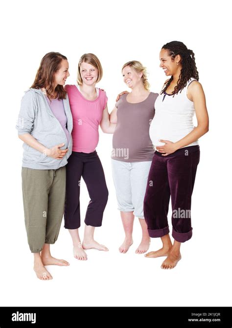 sharing their pregnancy experiences pregnant friends standing together while isolated on white