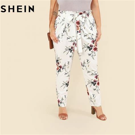 SHEIN Floral Print Casual Belted Ruffle Waist White Plus Size Women