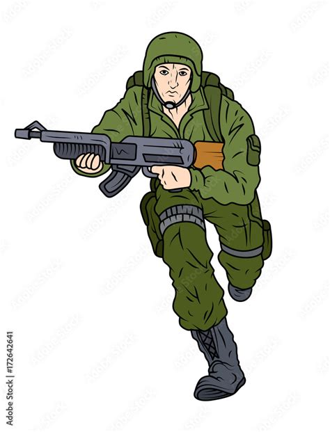 Cartoon Army Soldier Running With Gun Clip Art Vector Illustration