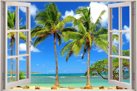 Huge 3d Window View Exotic Ocean Beach Wall Sticker Film