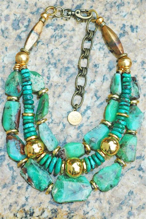 Stunning Green Amazonite Slab Turquoise Disc Gold Statement Necklace