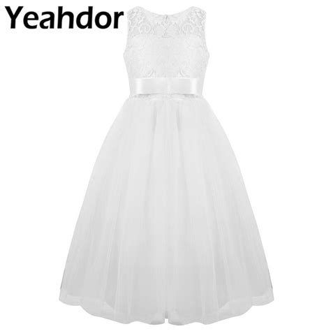 Kids Girls Sleeveless Floral Lace Tulle Flower Girl Dress With Ribbon