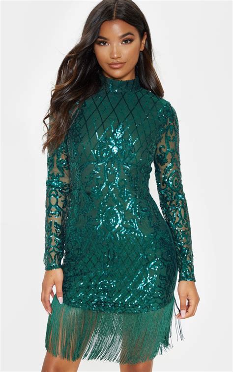 Emerald Green Sequin Long Sleeve Tassel Dress Prettylittlething Usa Grad Dresses Long Deb