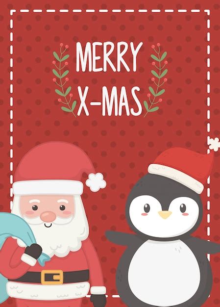 Papai Noel Com Saco E Pinguim Cartão De Feliz Natal Vetor Premium