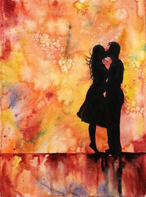 A Painting Of Two People Kissing In Front Of An Orange And Yellow