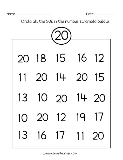 Number 20 Writing Counting And Identification Printable Worksheets For