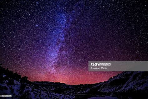 Mountains At Night With Milky Way Galaxy High Res Stock