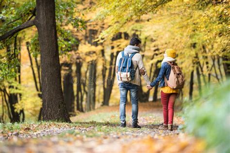 Beautiful Couple On A Walk In Autumn Forest Stock Image Image Of