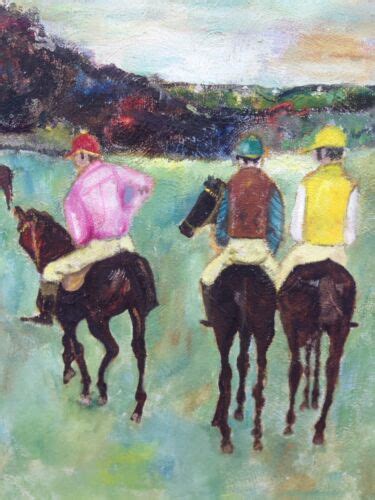 1970 Horse Racing Jockeys Equestrian Painting Plaster On Canvas Ces