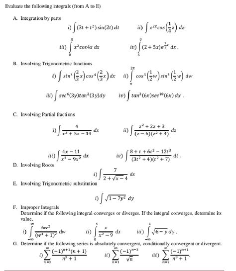 solved evaluate the following integrals from a to e a
