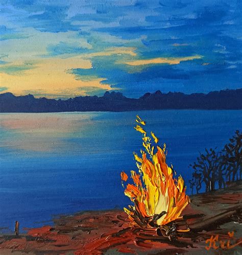 Campfire Painting Camping Artwork Impasto Forest Lake Etsy