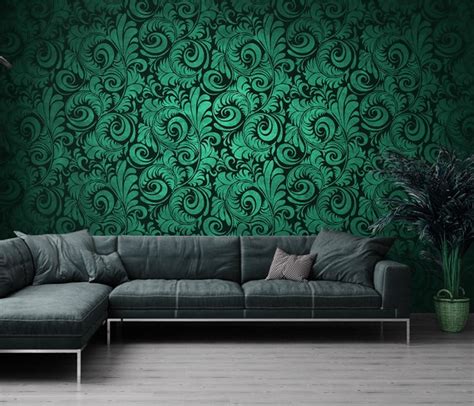 Modern Green Wallpaper With Ornaments Wall Mural Self Etsy