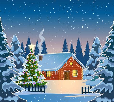 A House In A Snowy Christmas Landscape At Night Stock Vector