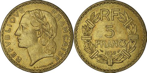 France 5 Francs 1939 Paris Coin Lavrillier Paris Aluminum Bronze Ms