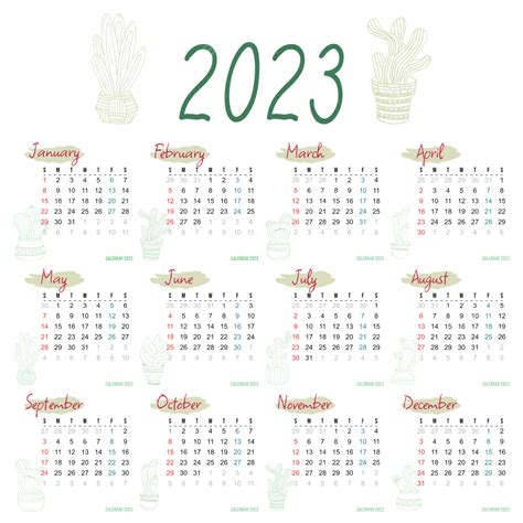 Calendario Completo 2023 Y Arte Lineal De Cactus En Colores Suaves Png