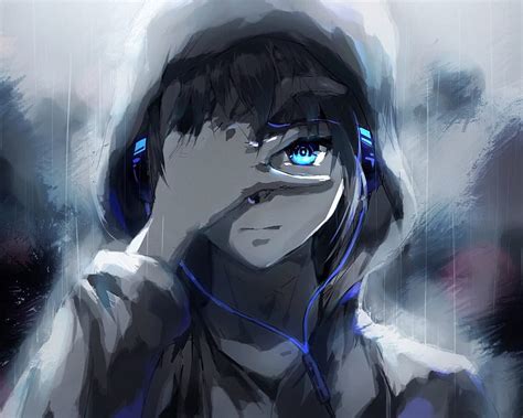 Anime Boy Hoodie Mata Biru Headphone Lukisan 1280x1024 Anime