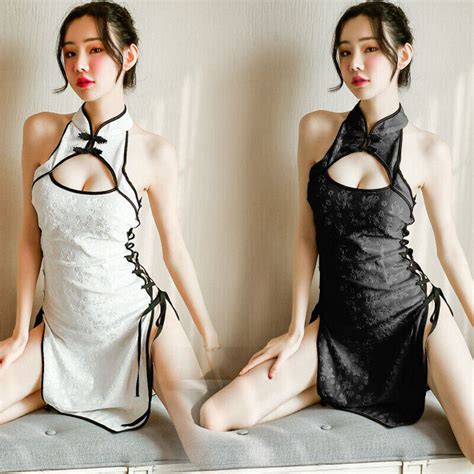 Sexy Lace Up Cheongsam Open Chest Bodycon Dress Chinese High Slit Qipao