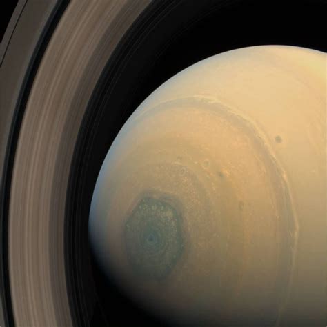 End On View Of Saturn Showing The Strange Hexagonal Pattern Of Clouds