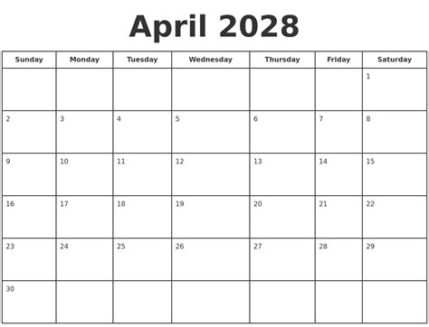 April 2028 Print A Calendar
