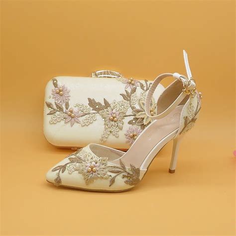 White Lace Flower Wedding Party Shoes With Matching Clutch Bags Flower Wedding Shoes
