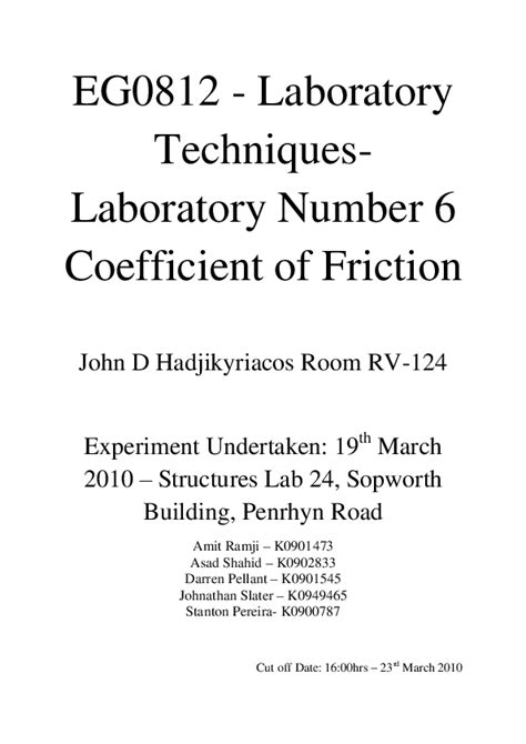(DOC) Laboratory Techniques- Laboratory Number 6 Coefficient of Friction EG0812 -Laboratory ...
