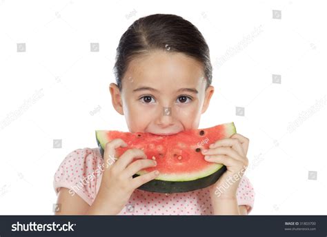 Adorable Girl Eating Watermelon Over White Stock Photo 31803700