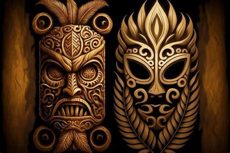 Premium Photo Traditional Wooden Polynesian Tiki Mask On Dark Background