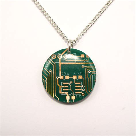 Circuit Board Necklace Green Round Pendant Recycled Jewelry