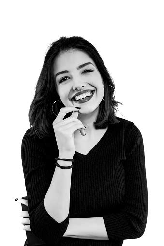 Black And White Beautiful Smiling Woman Portrait Isolated On White