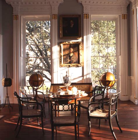 Dining room with wood burning stove, floor to ceiling sliding doors to deck. Morning Room, Nathaniel Russell House, Charleston, South ...
