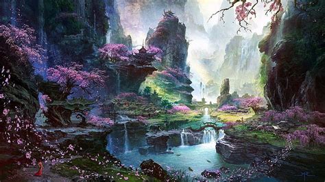 Hd Wallpaper Fantasy Art Fantasy Landscape Waterfall Painting