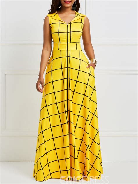 Ericdress Yellow Plaid Notched Lapel Pocket Maxi Dress Maxi Dress Womens Maxi Dresses Latest
