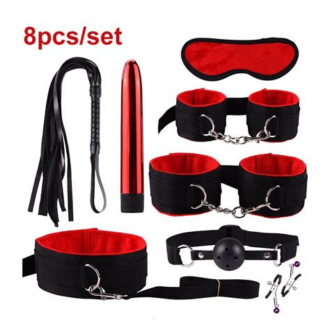 8pcs set sex handcuffs footcuff whip vibrator nipple clip blindfold sex bdsm bondage kit adult