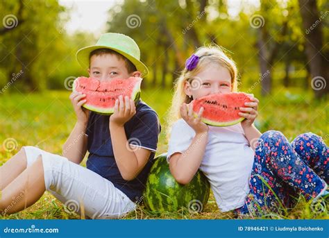 Funny Kids Taste Watermelon Child Healthy Eating Stock Image Image