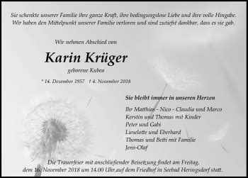 Traueranzeigen von Karin Krüger trauer anzeigen de