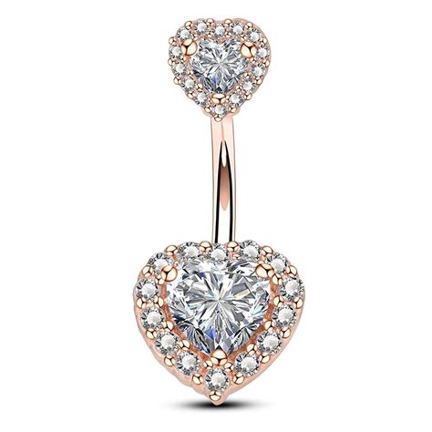 Oufer 14g Double Heart Cubic Zirconia Navel Belly Button Ring Surgical Steel Piercing Jewelry