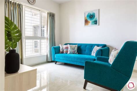 Compact 2bhk Designed On Tight Budget Blue Couch Living