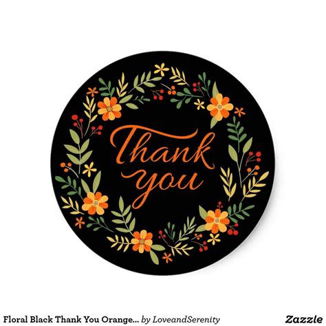 Floral Black Thank You Orange And Green Flowers Classic Round Sticker