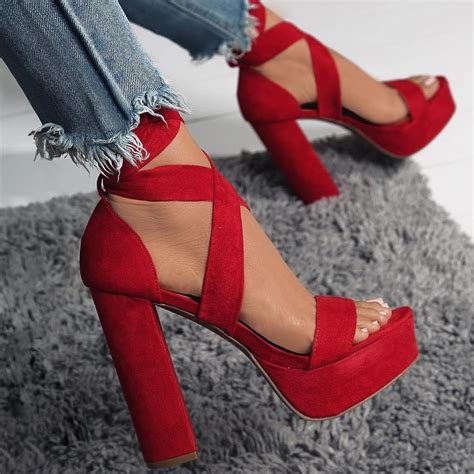 Stylestoned Chunky Red Strappy Heels Womens Summer Shoes From Lolashoetique Red Strappy
