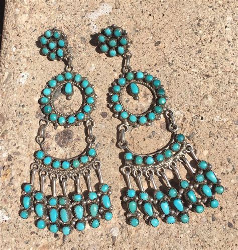 Vintage Zuni Sterling Silver And Turquoise Long Chandelier Earrings P